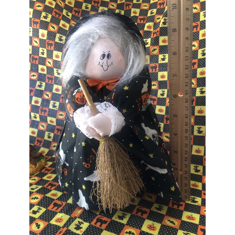 Vintage Halloween‎ Witch With Broom Glass Jar Candy Holder Orange and Black Rare - Picture 2 of 10